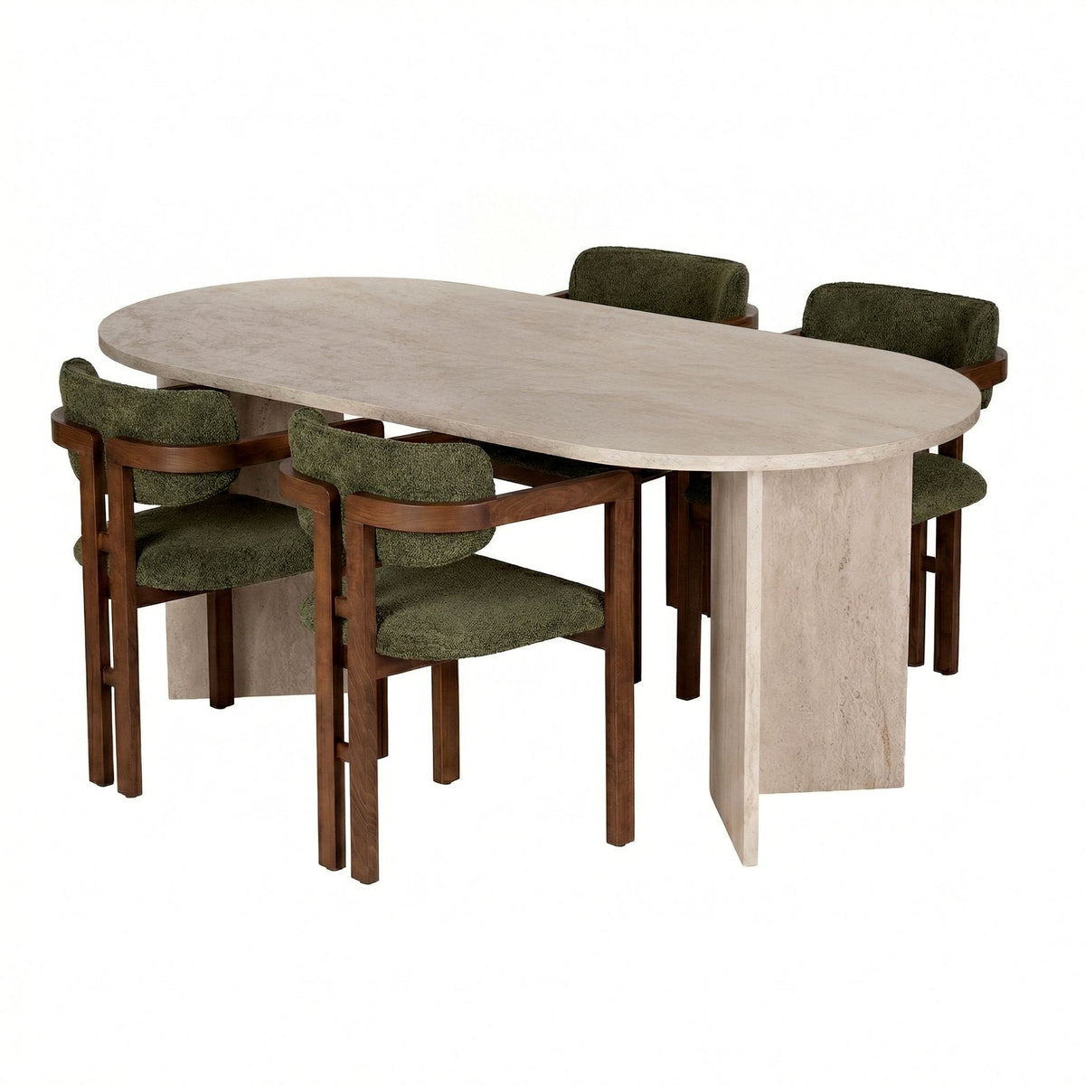 Set masă și scaune dining (5 piese), Meridia 4 - Travertine, Walnut, Green, Travertin / Nuc / Verde