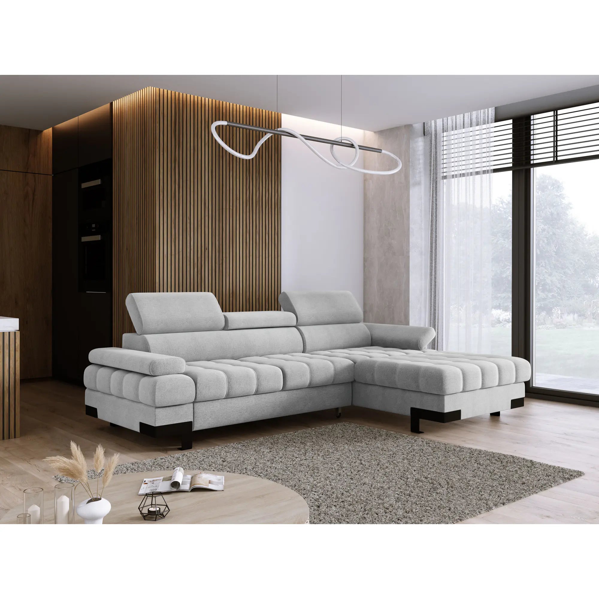 Coltar extensibil SELVA MINI, sezlong dreapta, stofa catifelata gri - Cloud 97, Gama Premium, cu lada depozitare si tetiere reglabile, 270x173x95 cm