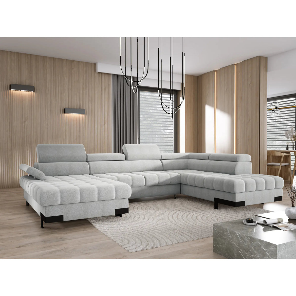 Coltar extensibil SELVA XL, sezlong dreapta, stofa catifelata maro - Palladium 4, Gama Premium, cu lada depozitare si tetiere reglabile, 339x223x95 cm