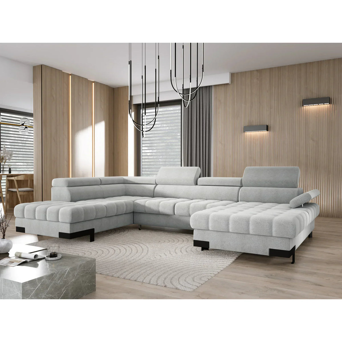 Coltar extensibil cu lada SELVA XL, sezlong stanga, stofa catifelata bej - Riviera 16, Gama Premium, tetiere reglabile, 339x223x95 cm
