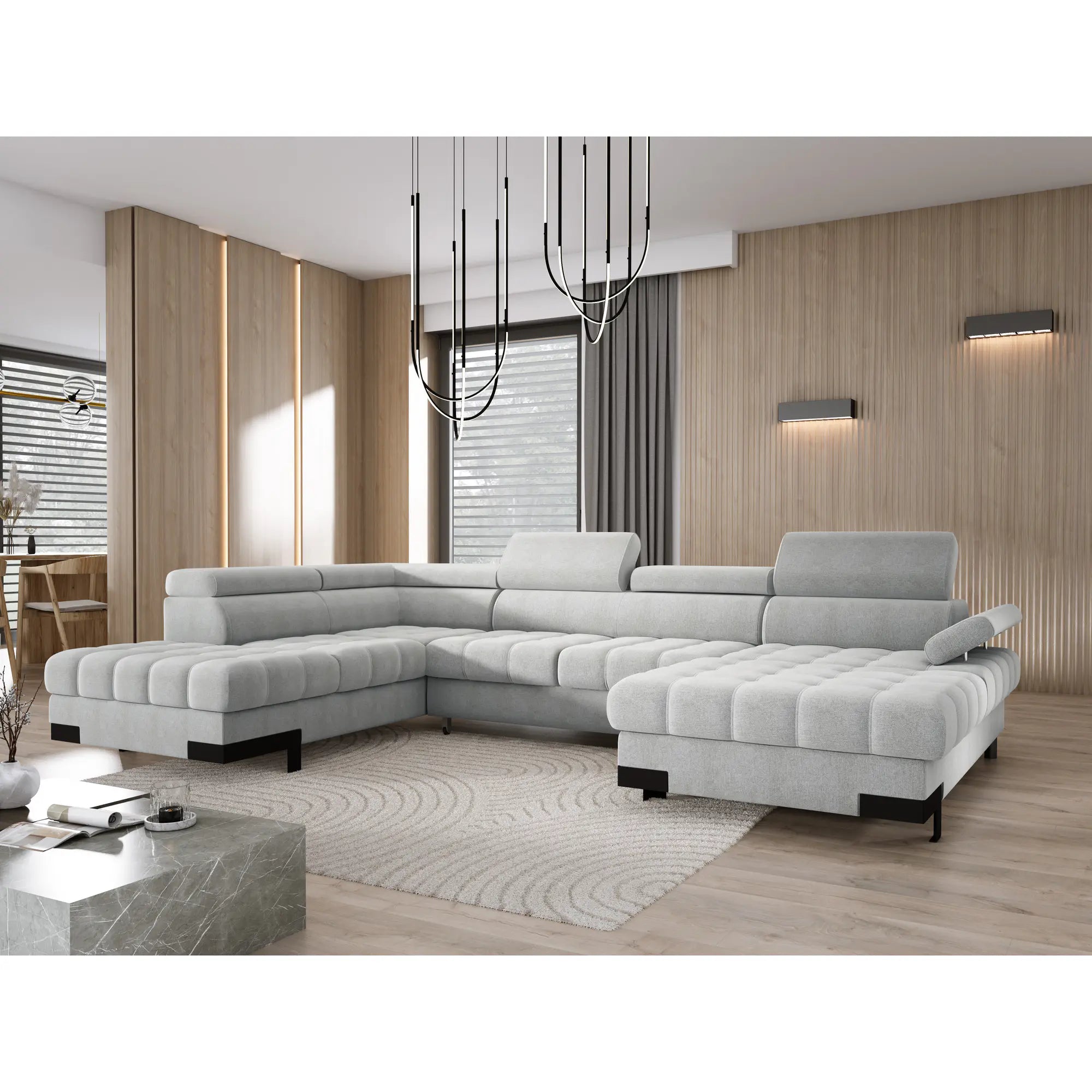 Coltar extensibil SELVA XL, sezlong stanga, stofa catifelata albastru inchis - Riviera 81, Gama Premium, cu lada depozitare si tetiere reglabile, 339x223x95 cm
