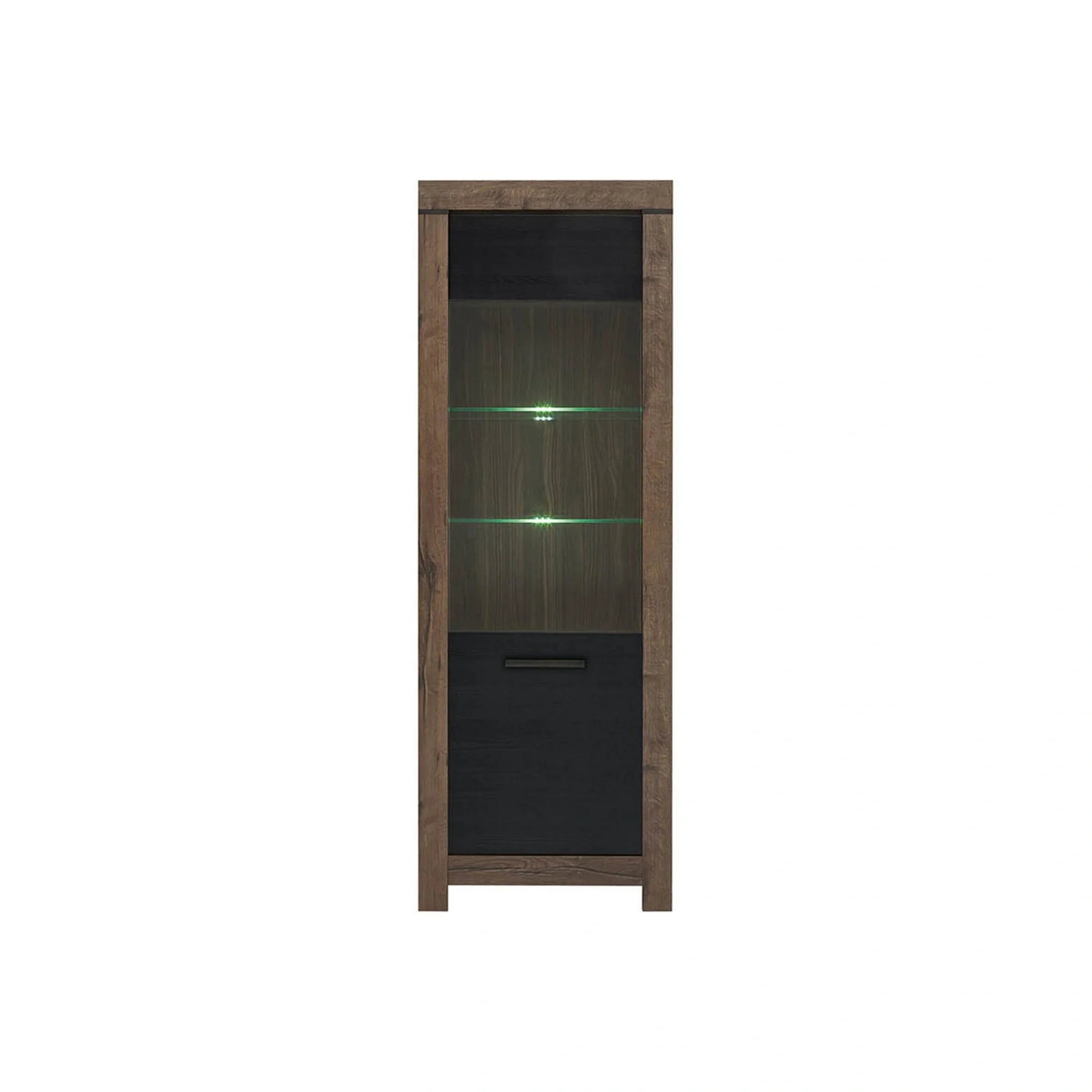 Vitrina BALIN, stejar/negru, PAL/sticla, cu iluminare LED, 68x40x197 cm