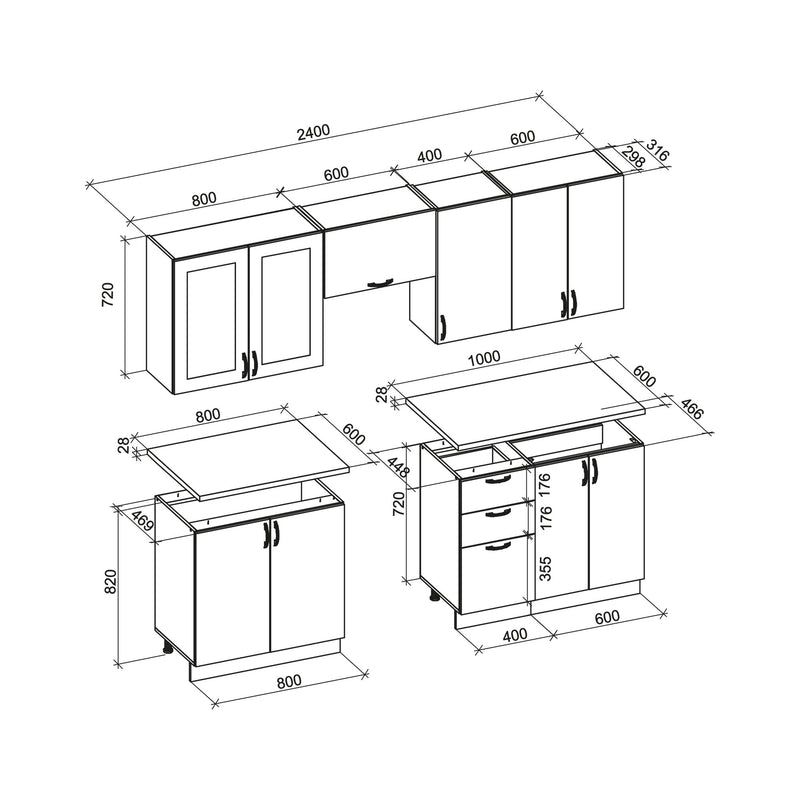 Set bucatarie ELIZABETH, gri/stejar sonoma, 240 cm