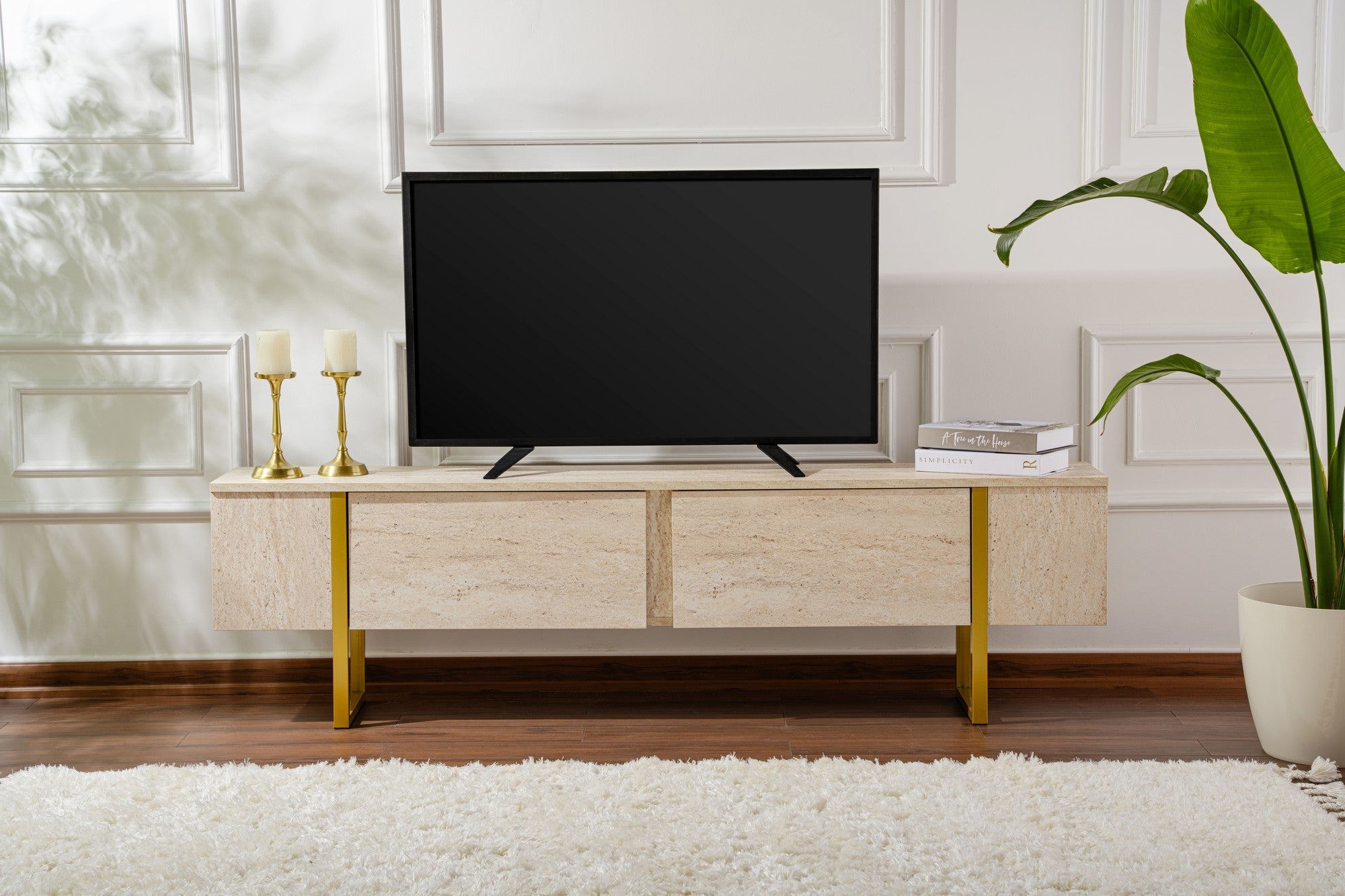 Comodă TV, Serenity - Travertine, Gold, Travertin / Auriu
