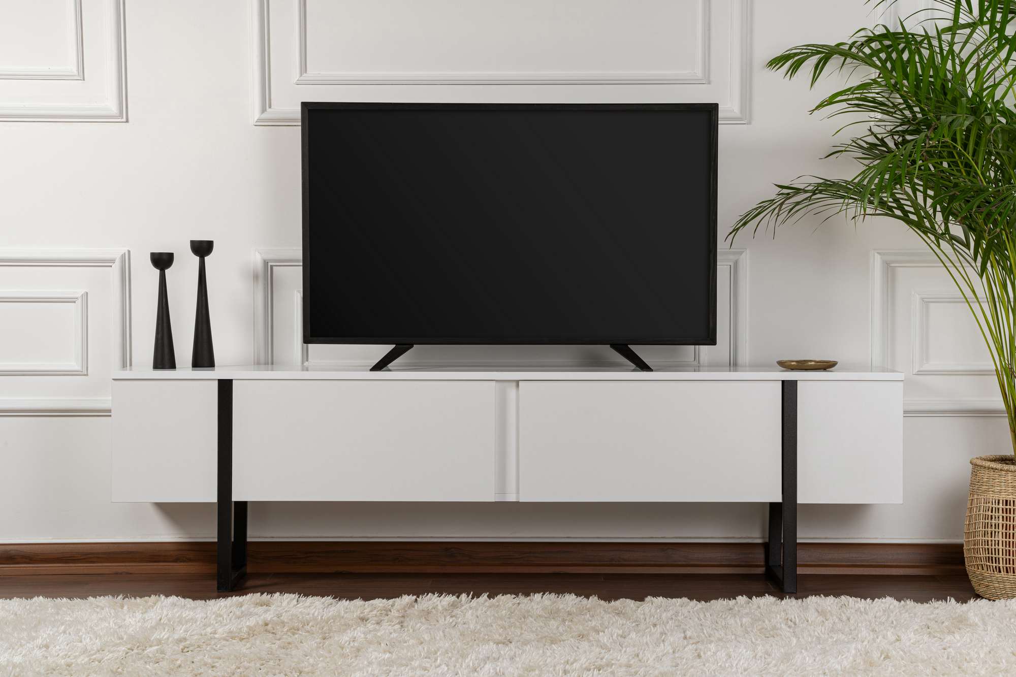 Comodă TV, Serenity - White, Black, Alb / Negru