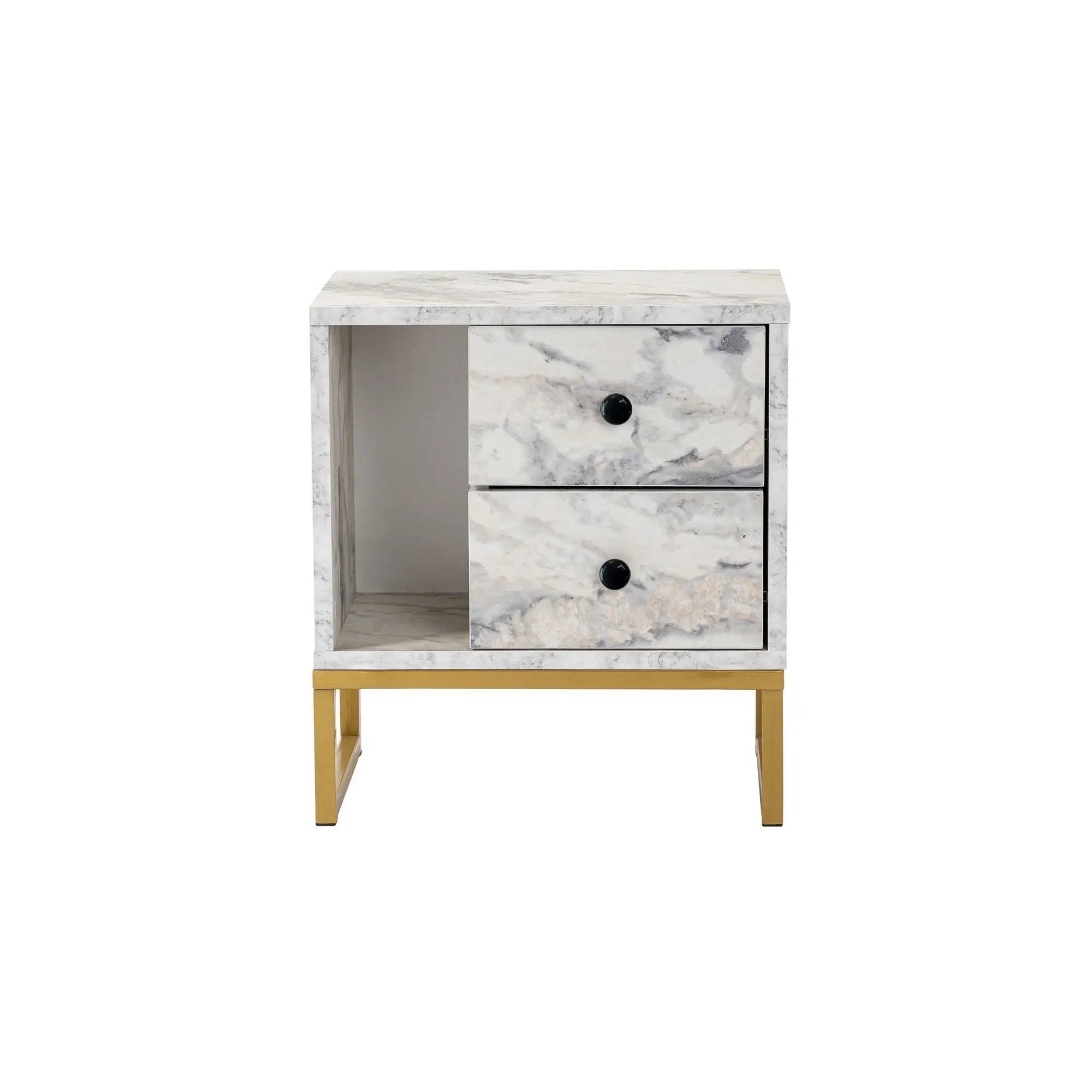 Noptiera GLIMMER, alb cu efect de marmura/auriu, PAL/metal, 46x30x50 cm