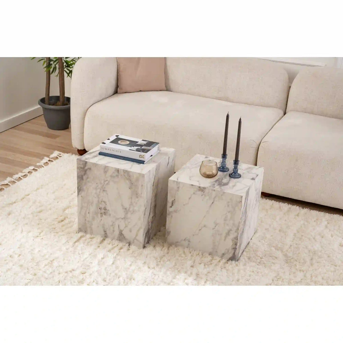 Set 2 masute cafea KUP, alb cu efect de marmura, 40x40x40 cm