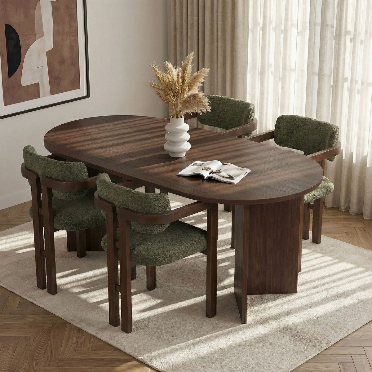 Set masă și scaune dining (5 piese), Meridia 4 - Milano Walnut, Dark Walnut, Green, Nuc Milano / Nuc închis / Verde