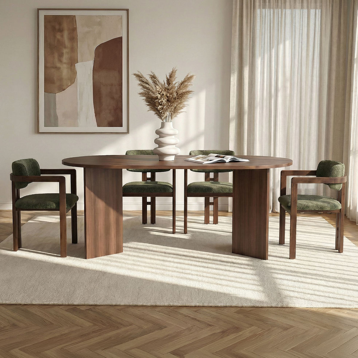 Set masă și scaune dining (5 piese), Meridia 4 - Milano Walnut, Dark Walnut, Green, Nuc Milano / Nuc închis / Verde