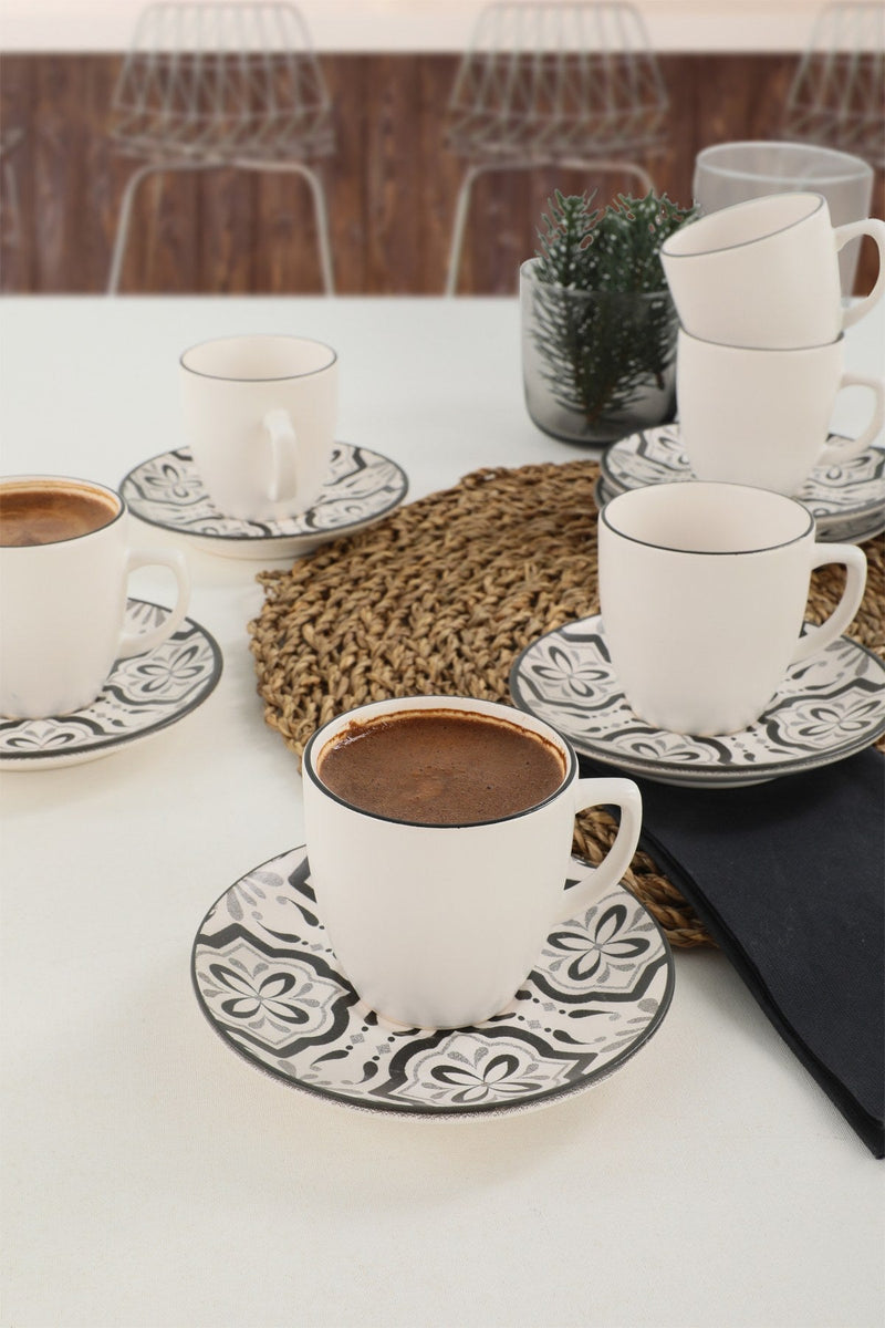 Set 6 cesti cu 6 farfurii cafea 275KRM1924, alb/negru, ceramica, 100 ml