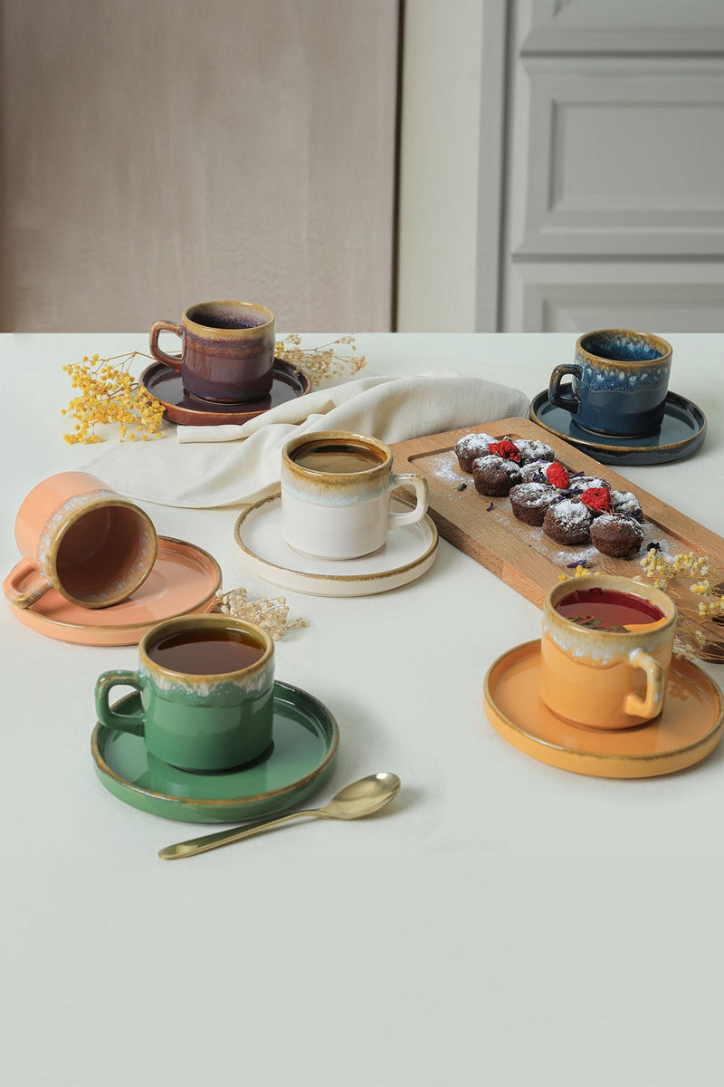 Set 6 cesti cu 6 farfurii cafea 275KRM1987, multicolor, ceramica, 8x8 cm - 184 ml