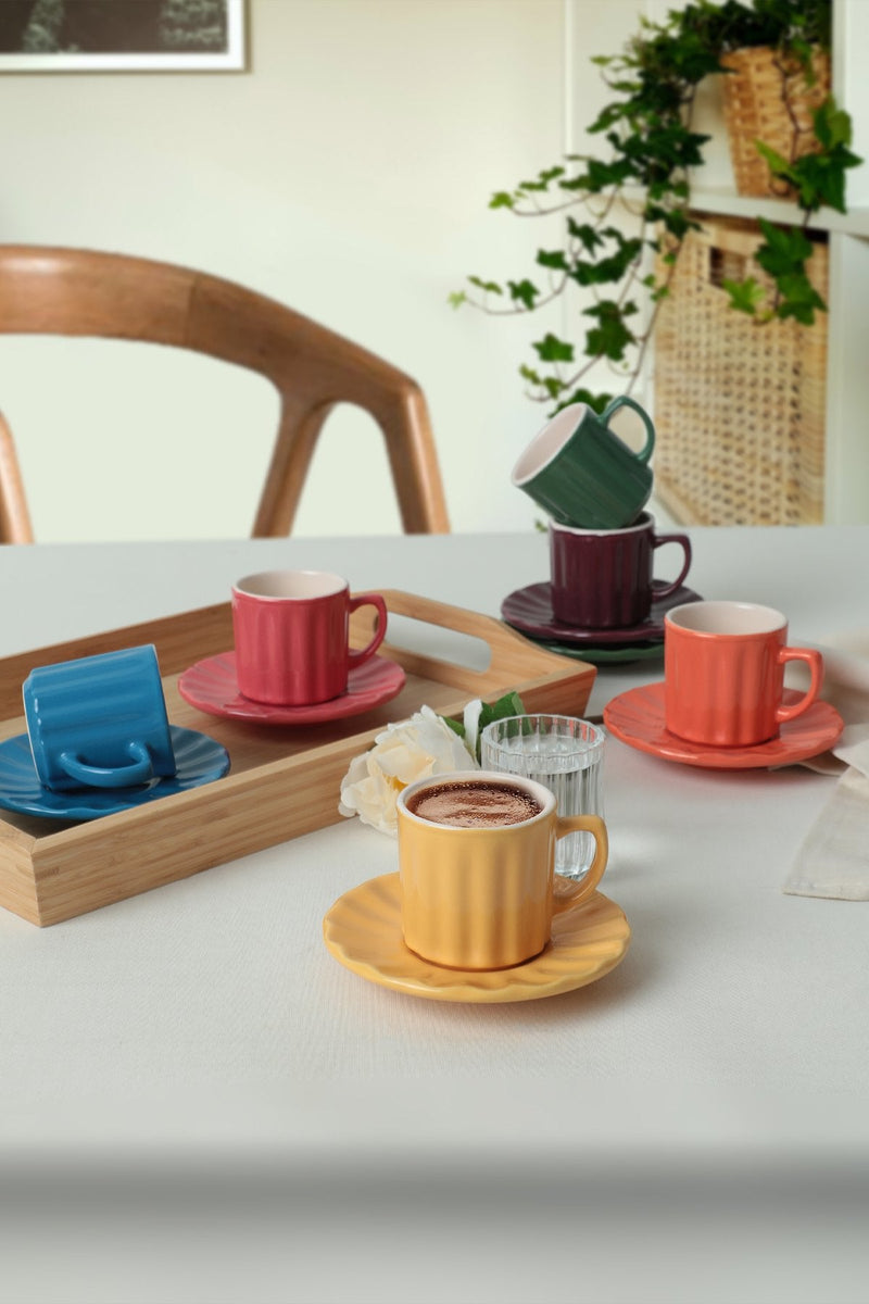 Set 6 cesti cu 6 farfurii cafea 275KRM2177, multicolor, ceramica, 105 ml