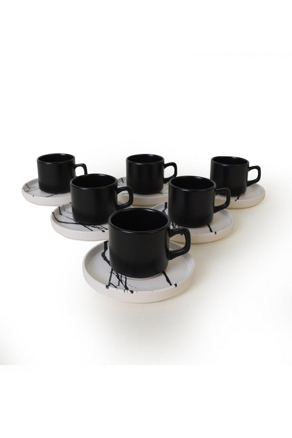 Set 6 cești cu 6 farfurii X00017420, negru, ceramica, 184 ml