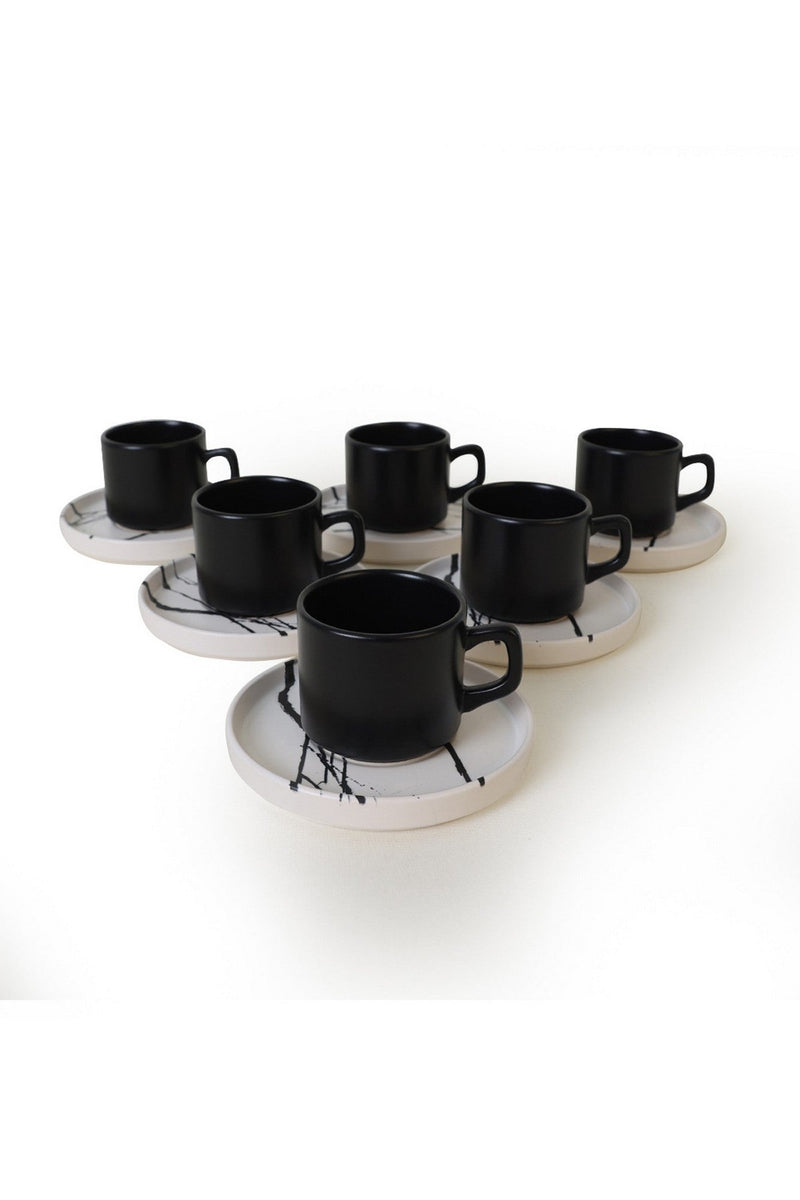 Set 6 cești cu 6 farfurii X00017420, negru, ceramica, 184 ml