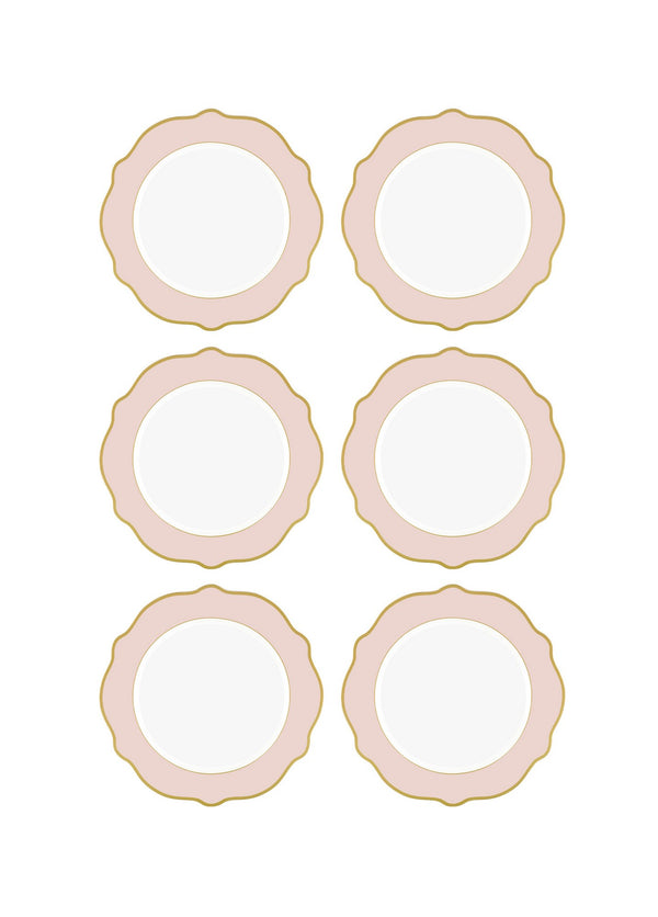 Set 6 farfurii desert DNR0025, alb/roz pal, portelan, 21x21 cm