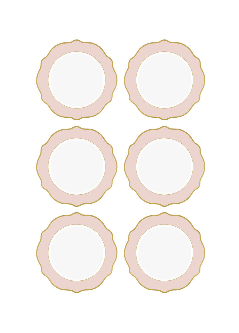 Set 6 farfurii desert DNR0025, alb/roz pal, portelan, 21x21 cm