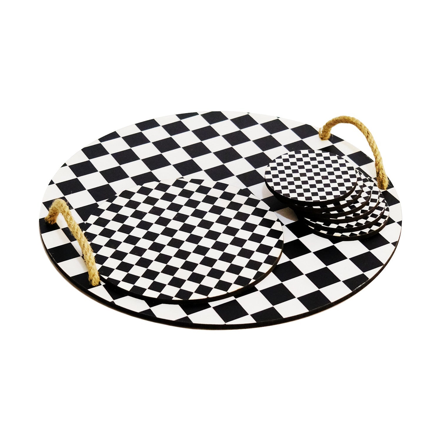 Set tavă și suporturi sticlă din lemn (8 piese), PLT0230, Negru / Alb