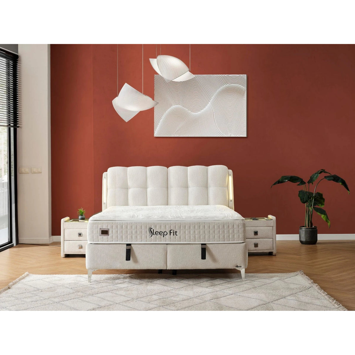 Set pat cu saltea SLEEP FIT 180x200, stofa bej - EMK66303, cu somiera si spatiu depozitare