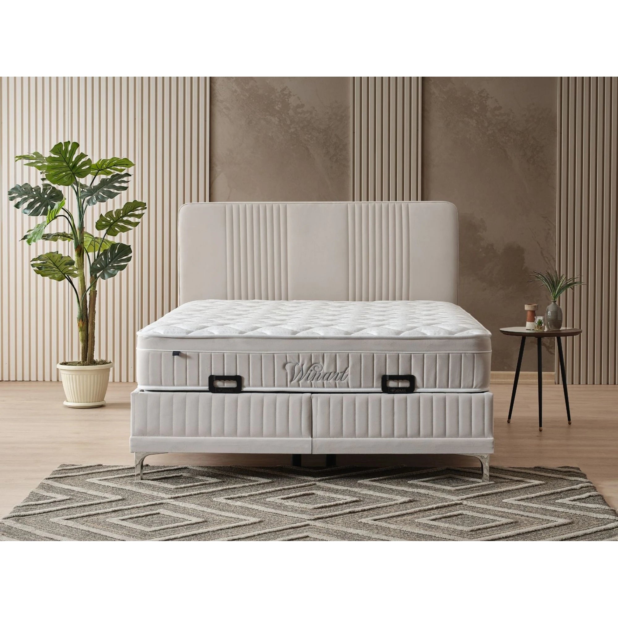 Set pat cu saltea 200x200 WINART, stofa crem - S0001, cu somiera si spatiu depozitare