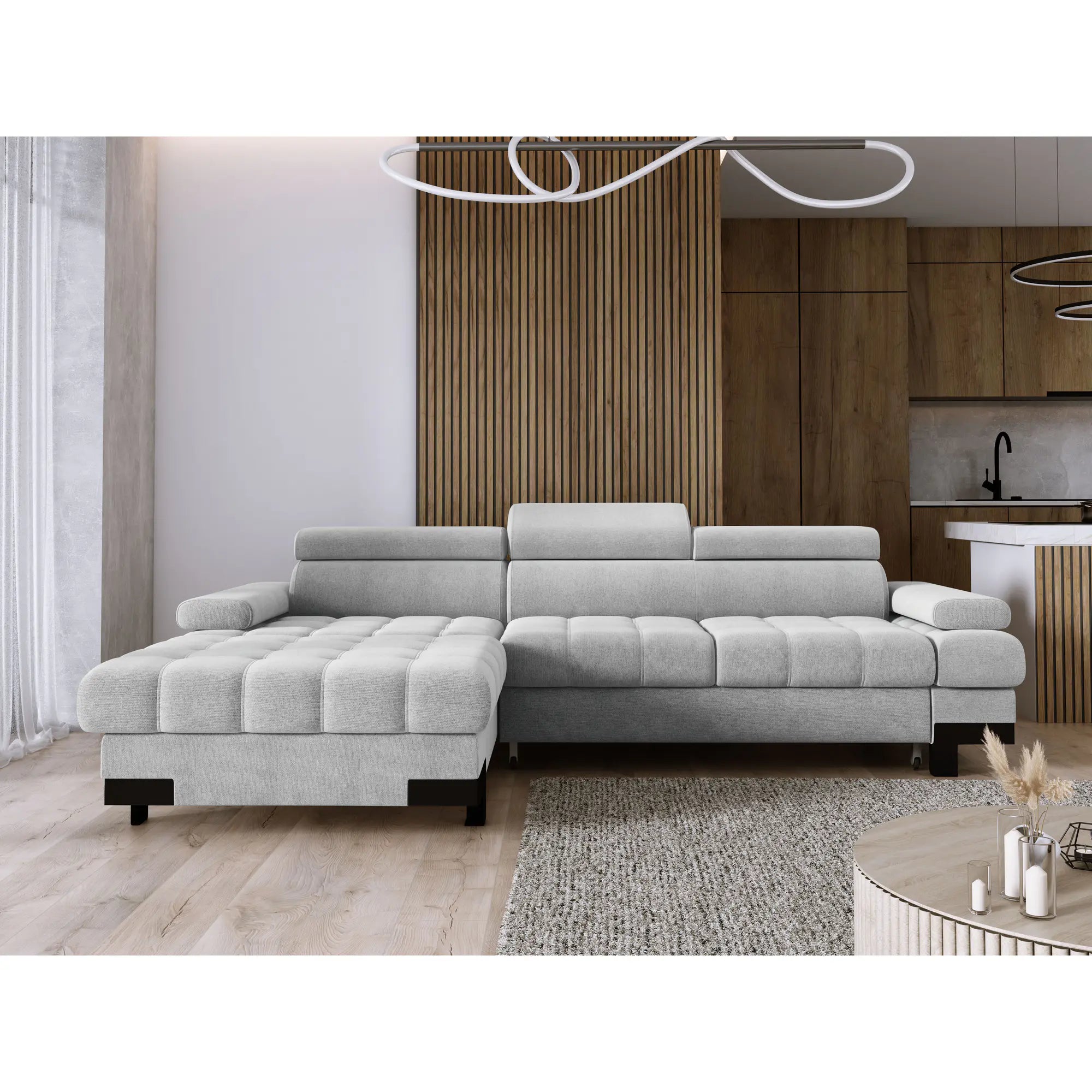Coltar extensibil SELVA MINI, personalizabil materiale gama Oferta Avantaj, cu lada depozitare si tetiere reglabile, 270x173x95 cm