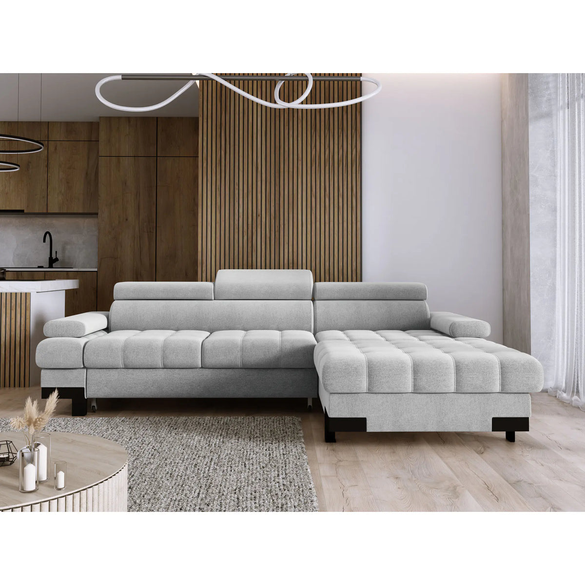 Coltar extensibil SELVA MINI, sezlong dreapta, stofa catifelata gri grafit - Salvador 16, Gama Premium, cu lada depozitare si tetiere reglabile, 270x173x95 cm