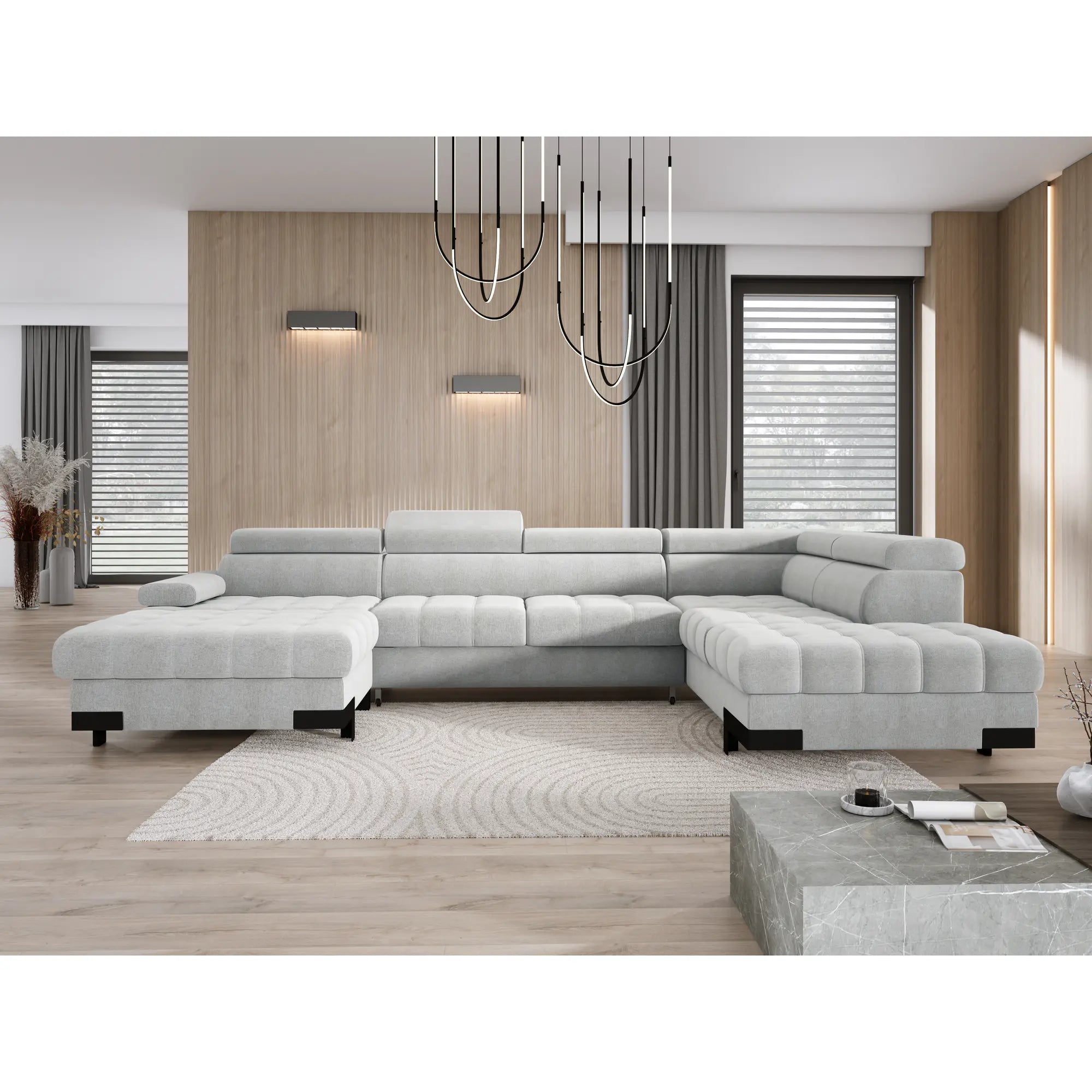 Coltar extensibil SELVA XL, sezlong dreapta, stofa catifelata maro - Palladium 4, Gama Premium, cu lada depozitare si tetiere reglabile, 339x223x95 cm