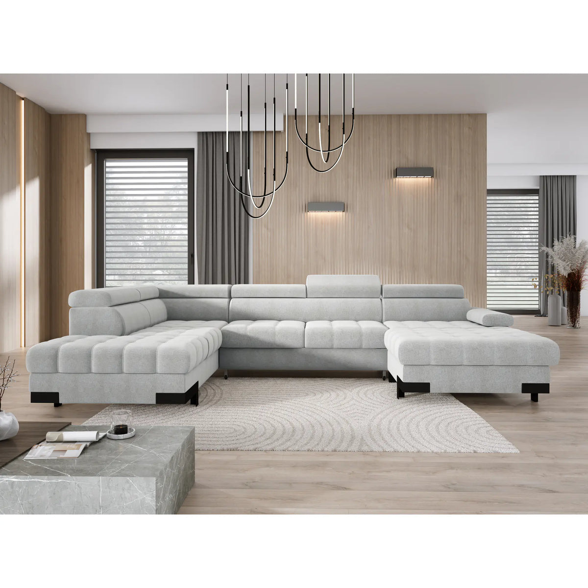 Coltar extensibil SELVA XL, sezlong stanga, stofa catifelata albastru inchis - Riviera 81, Gama Premium, cu lada depozitare si tetiere reglabile, 339x223x95 cm