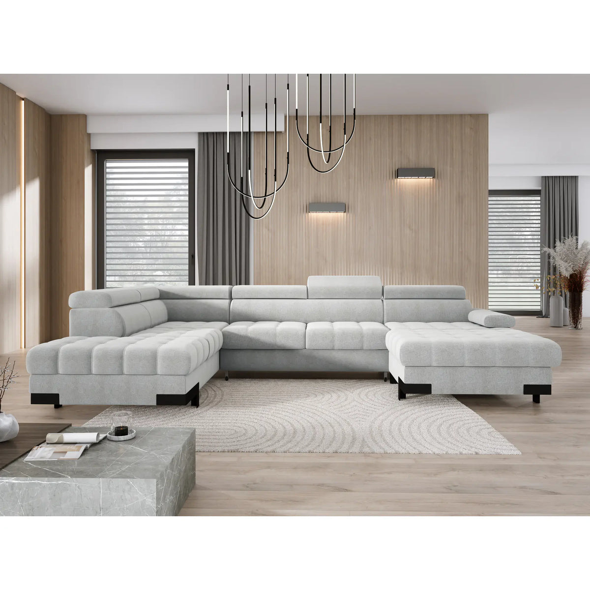 Coltar extensibil SELVA XL, sezlong stanga, stofa clasica gri - Austin 18, cu lada depozitare si tetiere reglabile, 339x223x95 cm