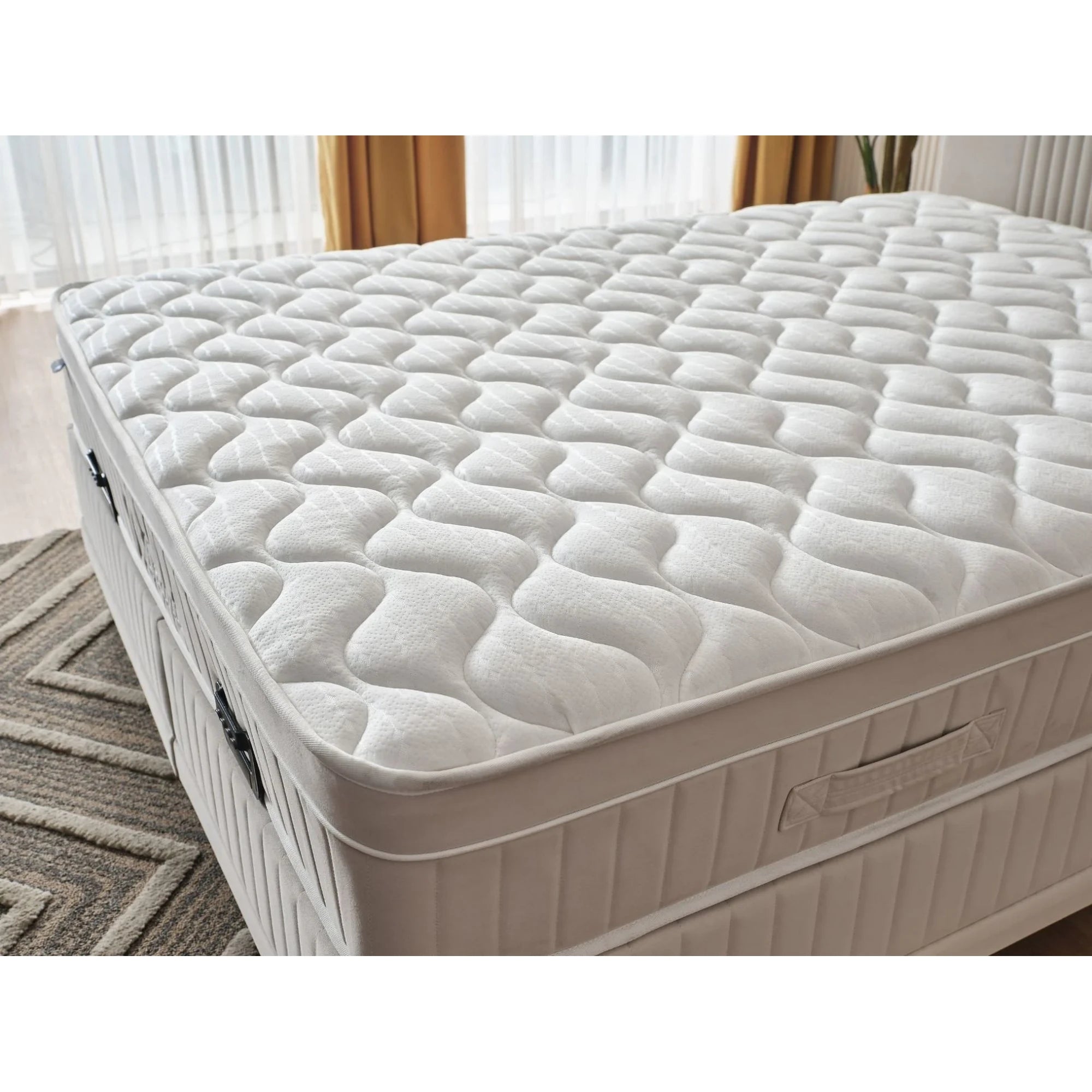 Set pat cu saltea 200x200 WINART, stofa crem - S0001, cu somiera si spatiu depozitare