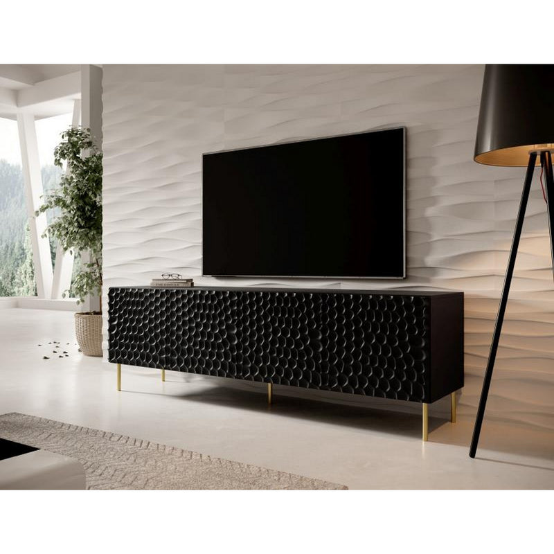 Comoda TV HOLE, negru/auriu, PAL laminat, cu 4 usi, 190x40.5x59.5 cm