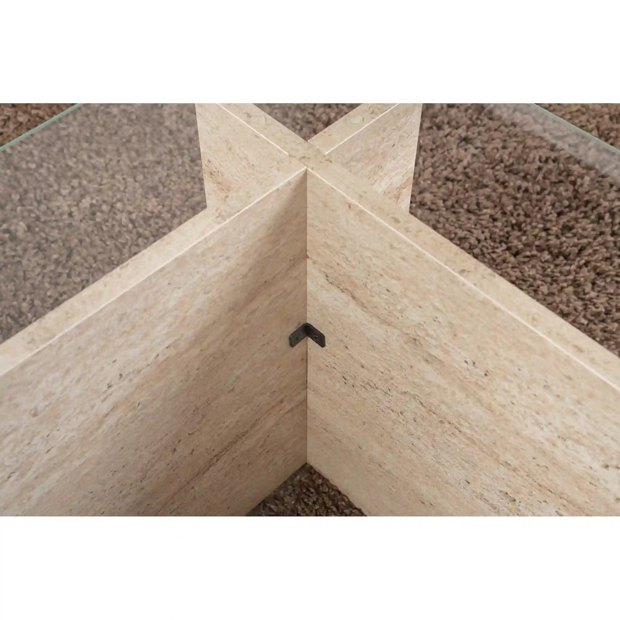 Masuta cafea VETRINO, bej cu efect de piatra travertin/transparent, sticla/PAL, 105x65x40 cm