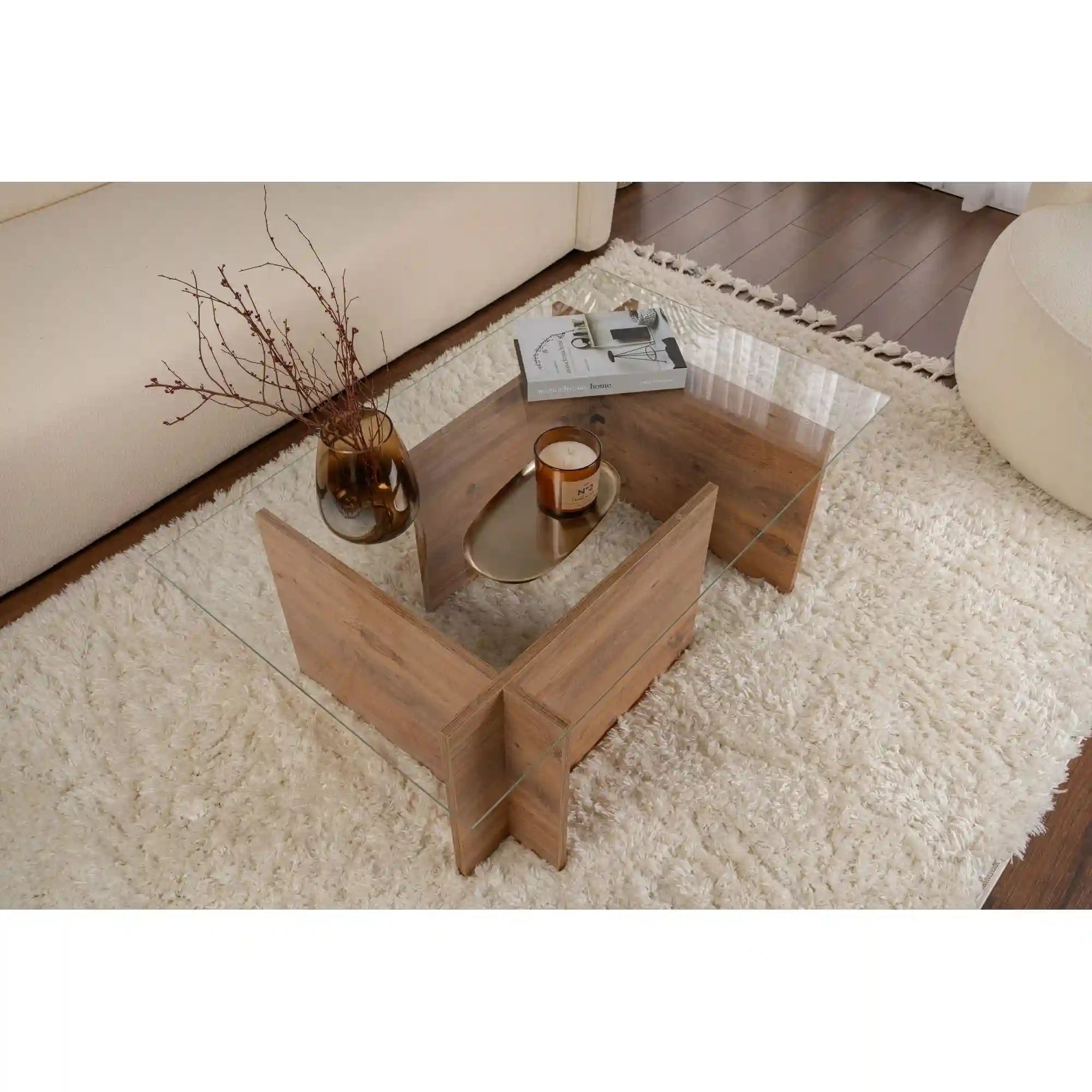 Masuta cafea VETRINO, pin/transparent, sticla/PAL, 105x65x40 cm