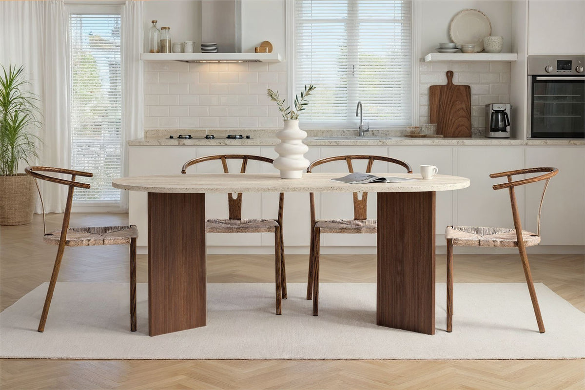 Masă dining, Sablin - Travertine, Milano Walnut, Travertin / Nuc Milano