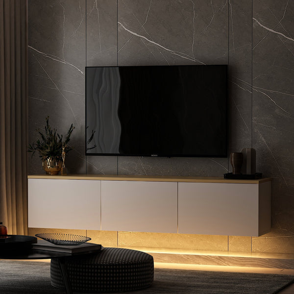 Comoda TV Neon, alb/stejar, PAL melaminat, 160x32x35 cm