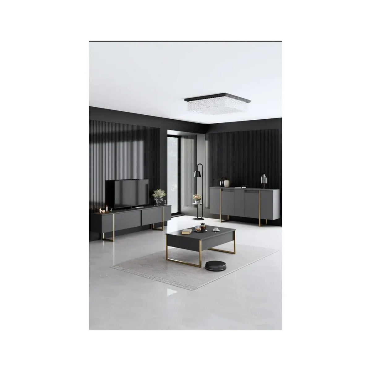 Comoda living gri LUXE, PAL melaminat/metal, 160x35x80 cm