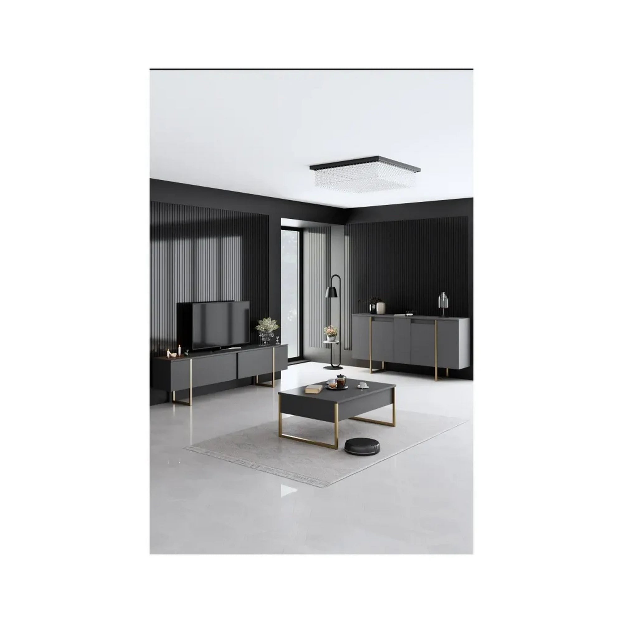 Comoda living gri LUXE, PAL melaminat/metal, 160x35x80 cm