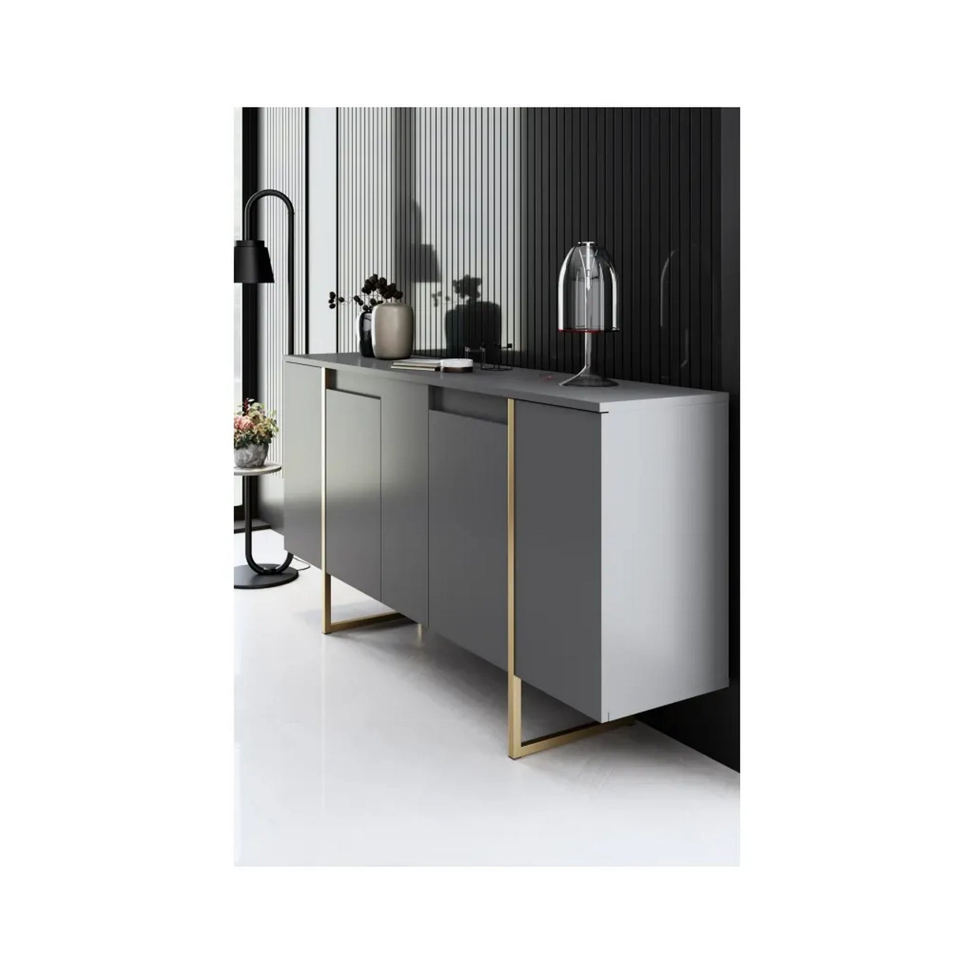 Comoda living gri LUXE, PAL melaminat/metal, 160x35x80 cm