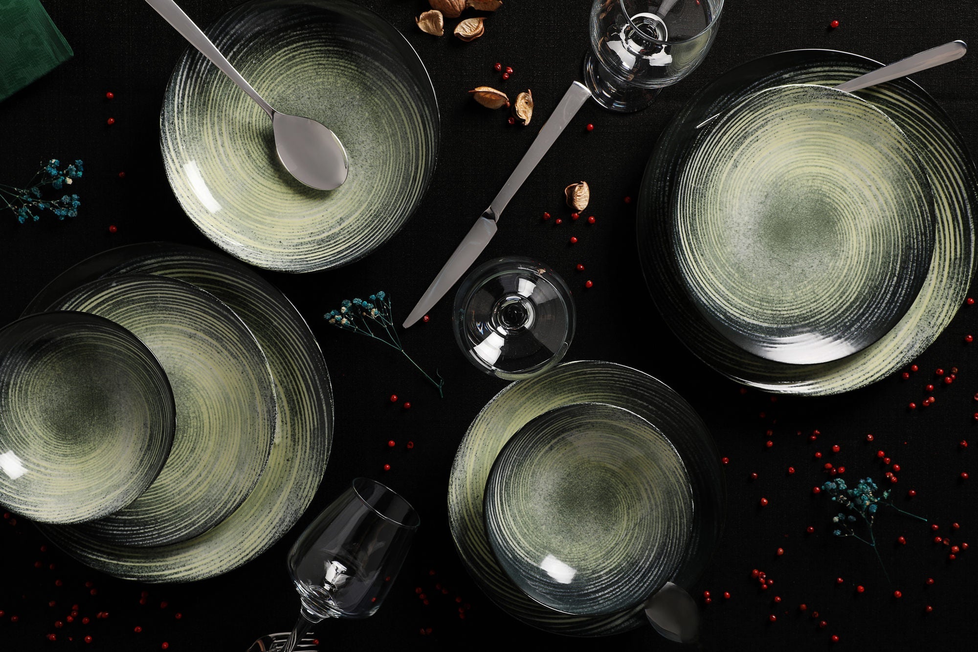 Set veselă (24 piese), GBSATN24KY4101630, Crem / Verde / Negru