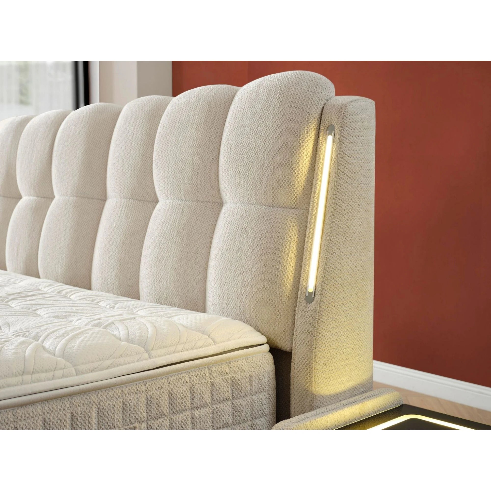 Set pat cu saltea SLEEP FIT 180x200, stofa bej - EMK66303, cu somiera si spatiu depozitare
