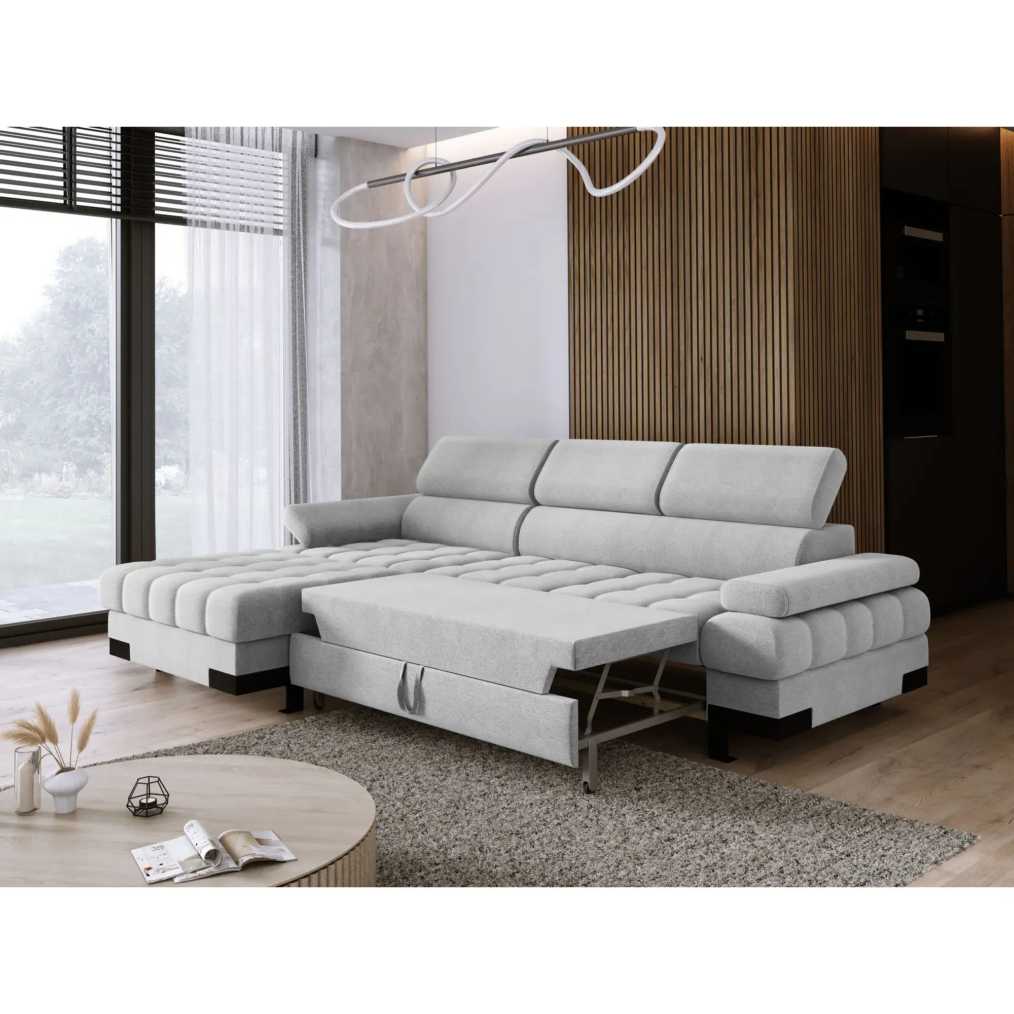 Coltar extensibil SELVA MINI, sezlong stanga, stofa catifelata verde menta, Gama Premium, cu lada depozitare, 270x173x95 cm
