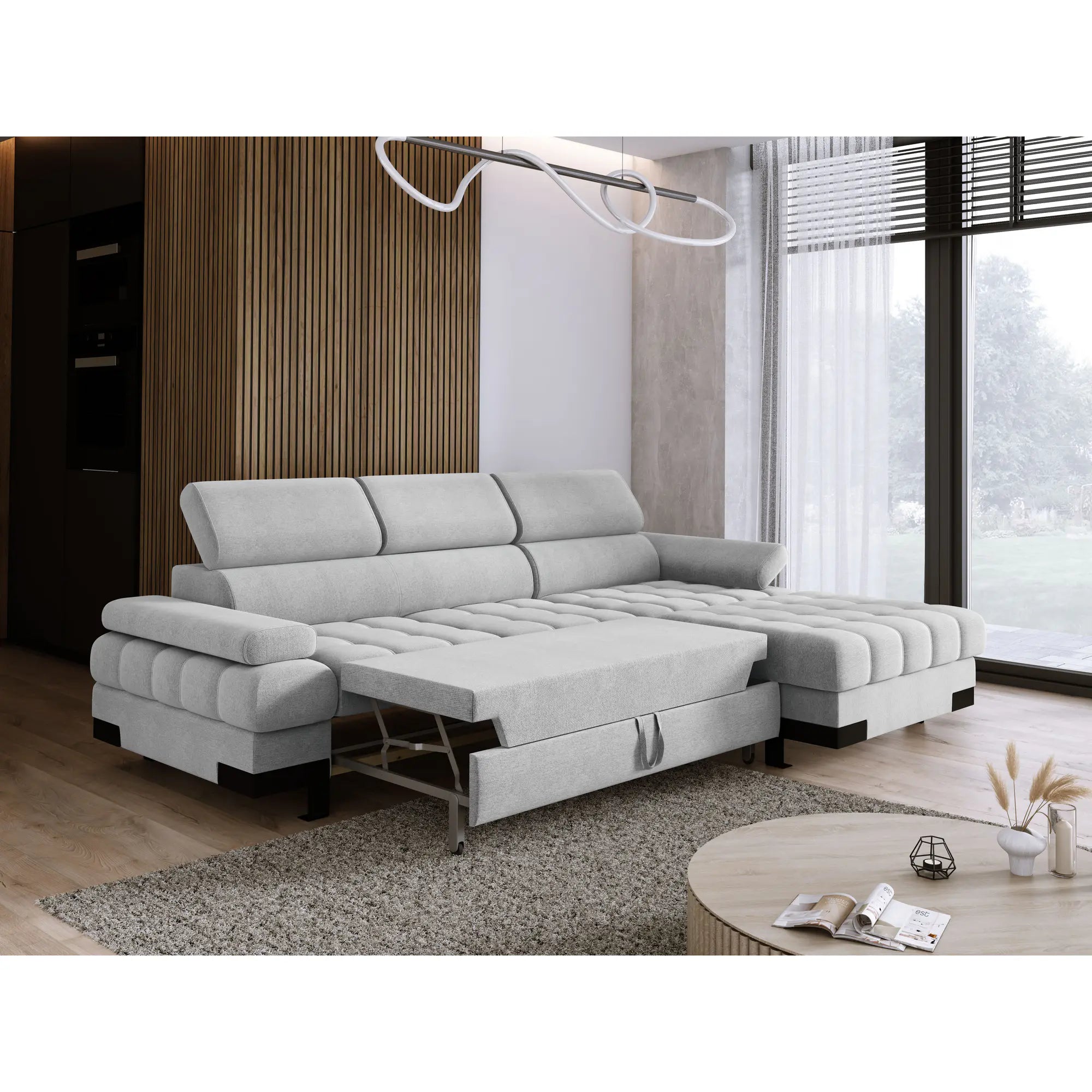 Coltar extensibil SELVA MINI, sezlong dreapta, stofa gri antracit - Salvador 15, Gama Premium, cu lada depozitare si tetiere reglabile, 270x173x95 cm