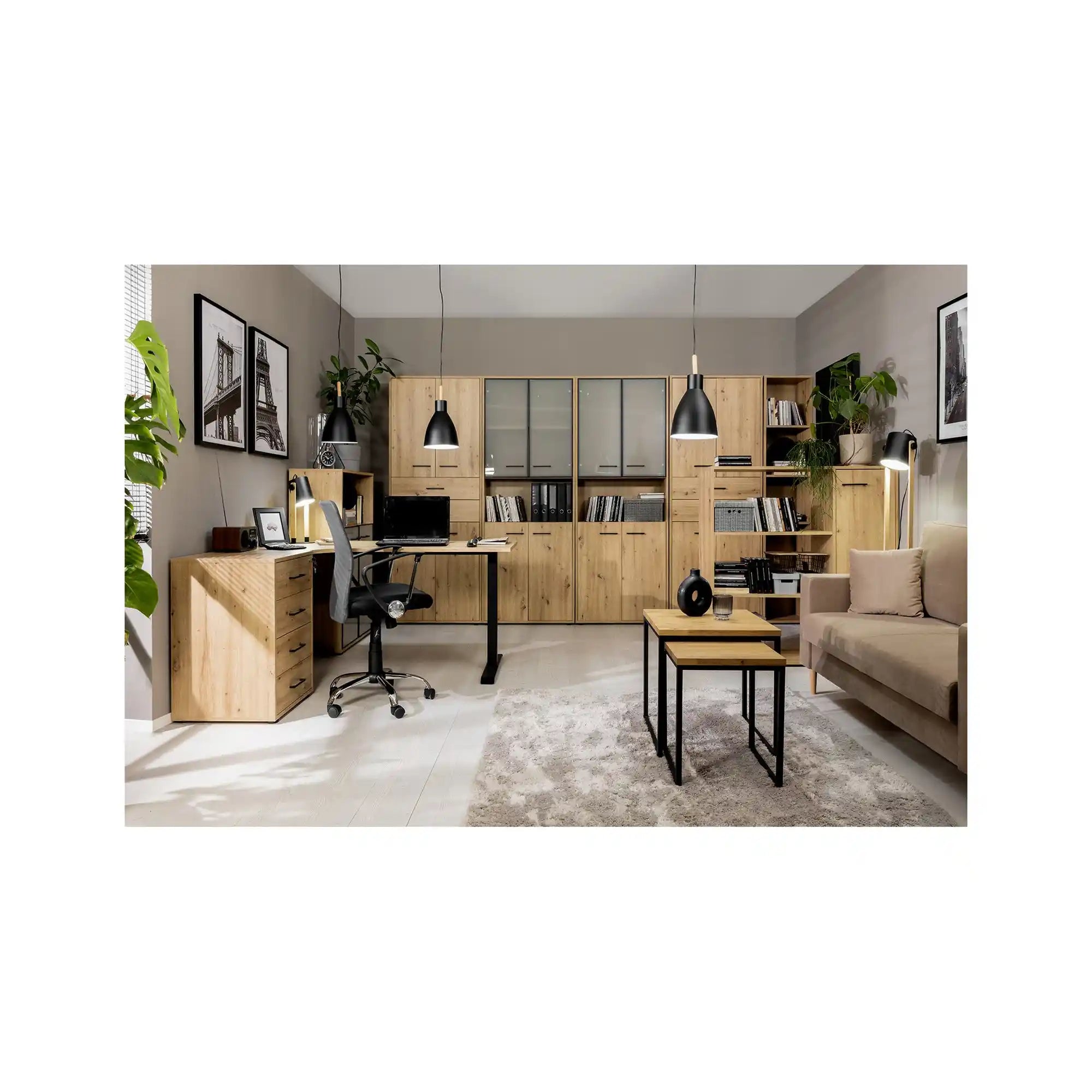 Dulap SPACE OFFICE, stejar artisan, PAL, cu 4 usi, 80x37x203 cm