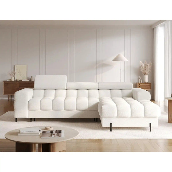 Coltar extensibil FELRO, sezlong dreapta, stofa clasica alb - Royal 01, cu lada de depozitare si tetiere reglabile, 285x181x93 cm