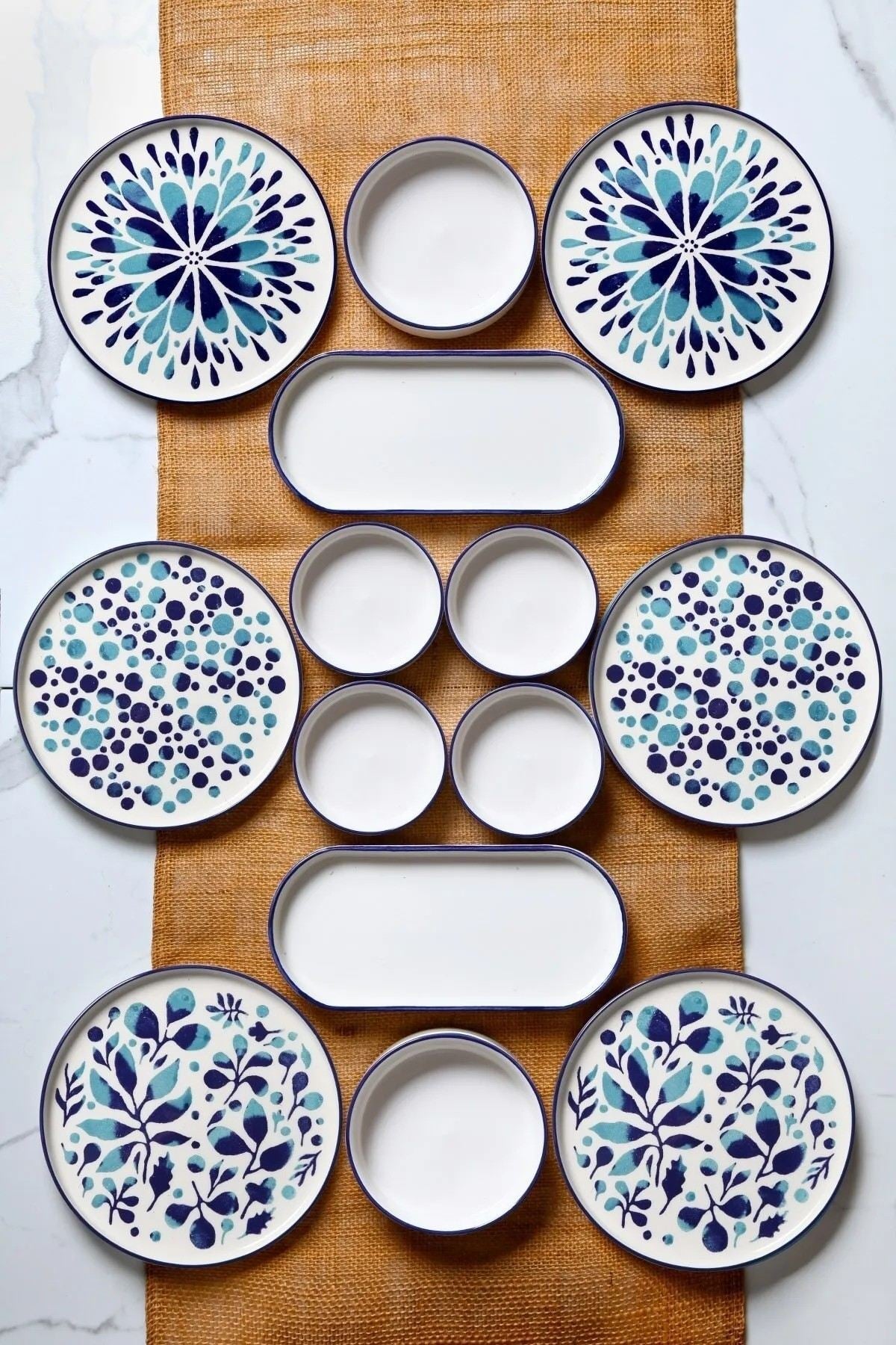 Set mic dejun (14 piese), K-14-Prç-Blueetnic-Kahvaltı, Albastru / Alb