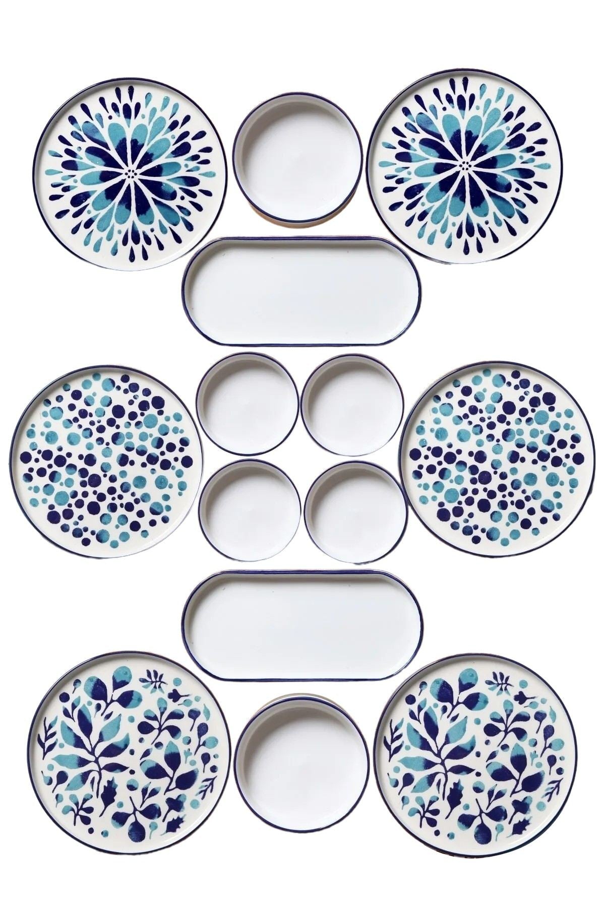 Set mic dejun (14 piese), K-14-Prç-Blueetnic-Kahvaltı, Albastru / Alb