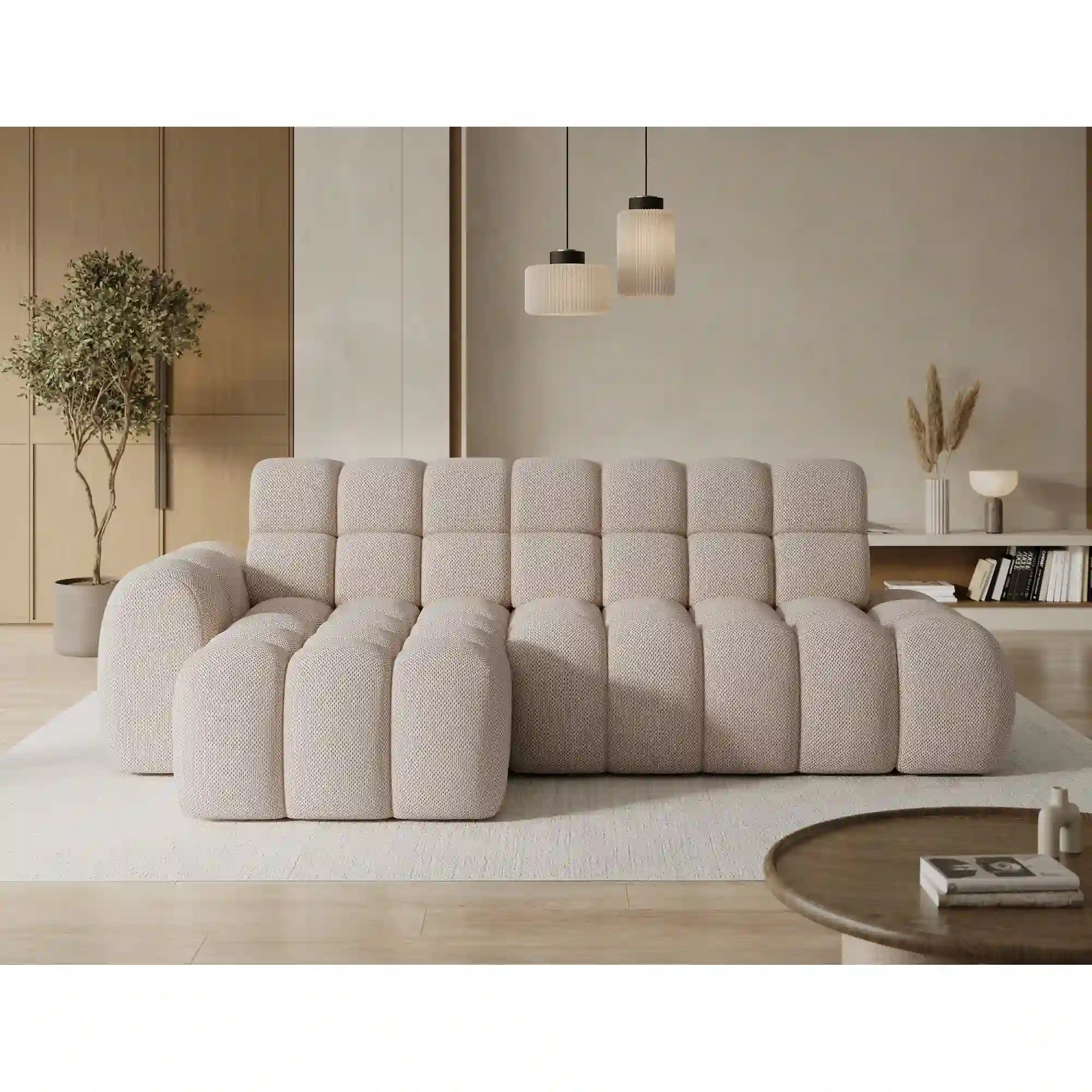Coltar extensibil CEEDRO, sezlong stanga, stofa bej - Calmora 18, cu reglaj electric, 283x165x98 cm