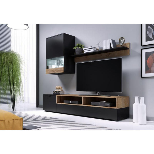 Mobilier living PAT, negru/stejar lefkas, PAL laminat/plastic, 3 piese, 175x39x180 cm