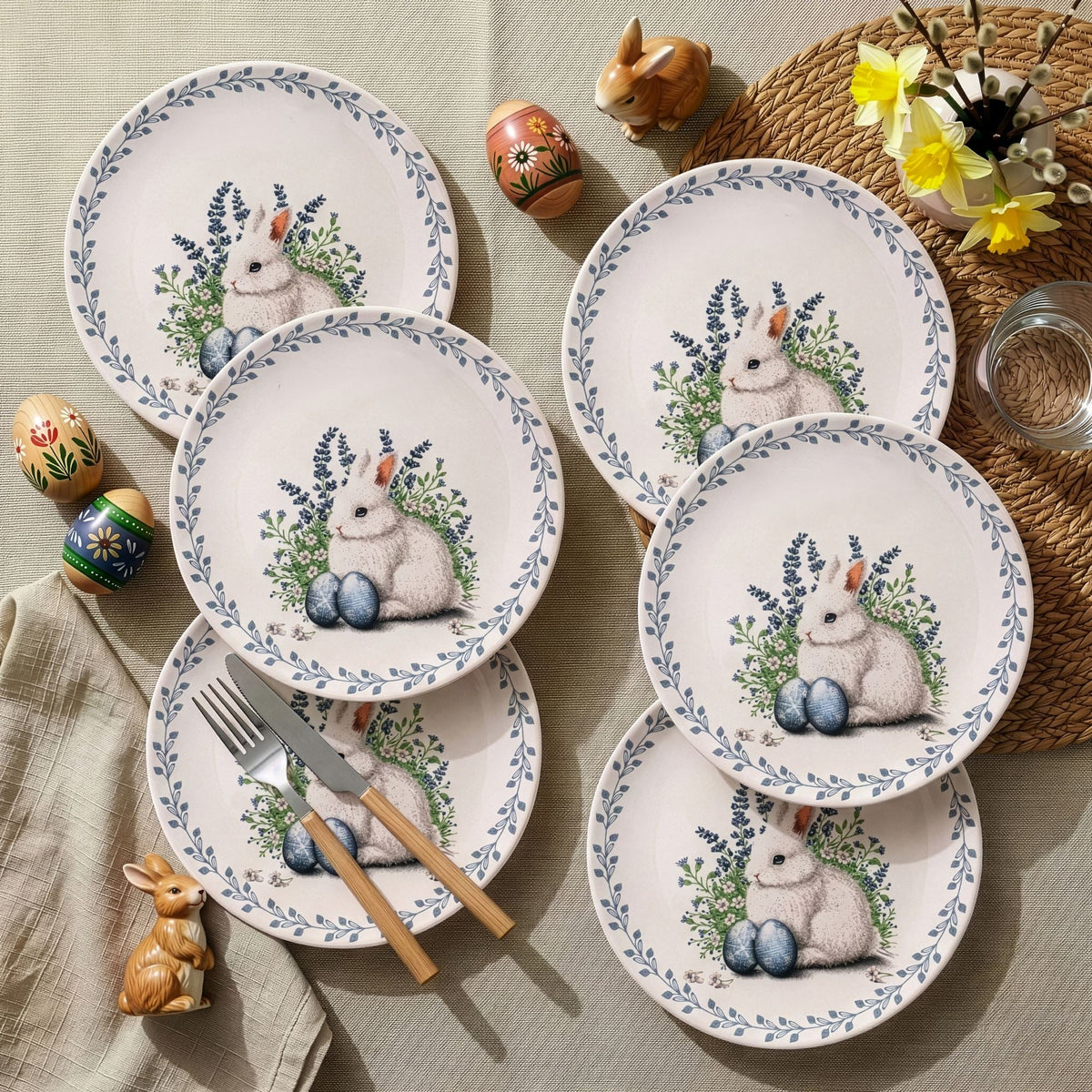 Set farfurii desert (6 piese), Timid, Alb / Verde / Albastru
