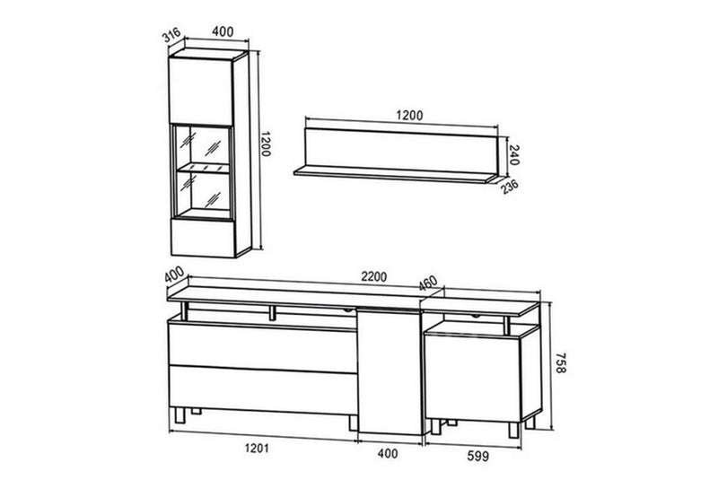 Mobilier living ARS MINI, gri antracit/stejar, PAL, 220x46x200 cm