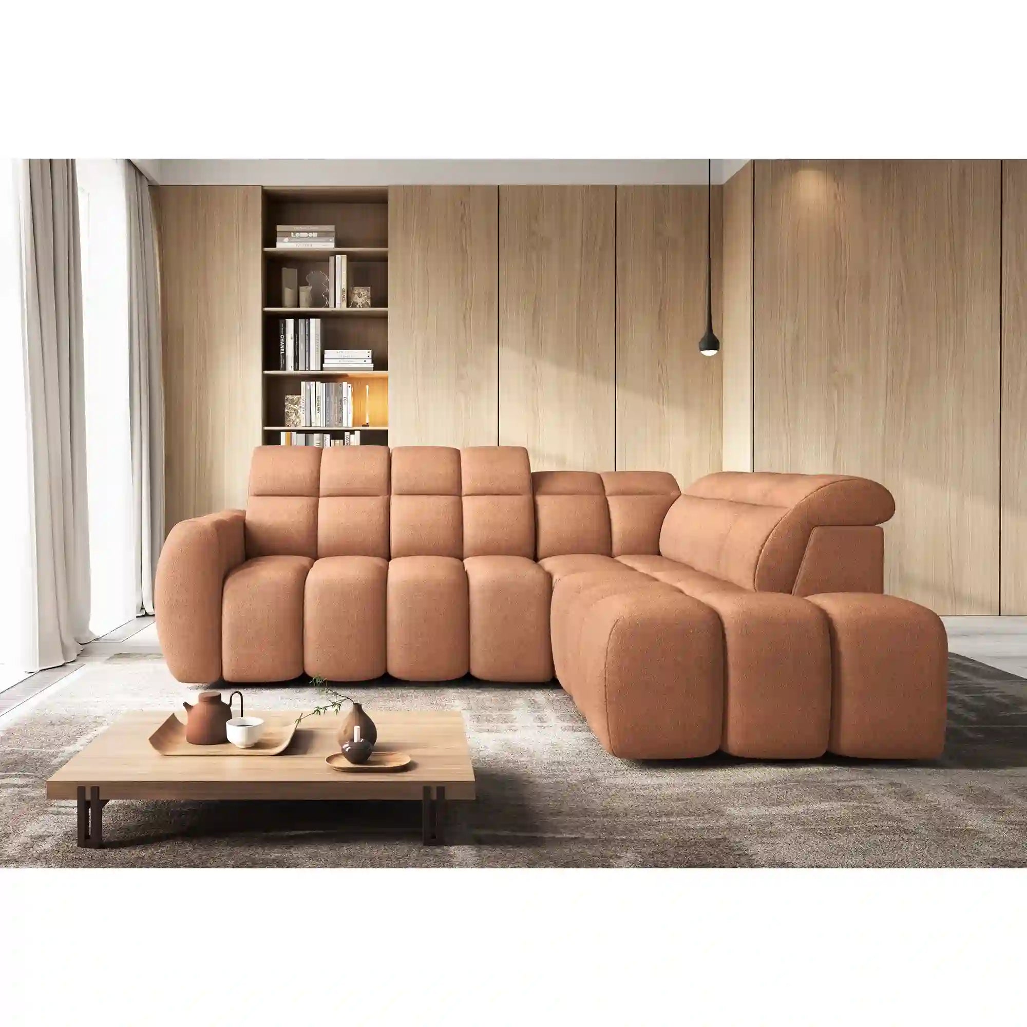 Coltar FALCONN, sezlong dreapta, stofa clasica somon - Xillar 24, cu reglaj electric, tetiere reglabile si lada depozitare, 258x208x87 cm